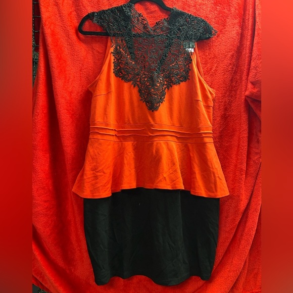 Plus Size Dots Burnt Orange and Black Peplum Dress - Picture 2 of 5